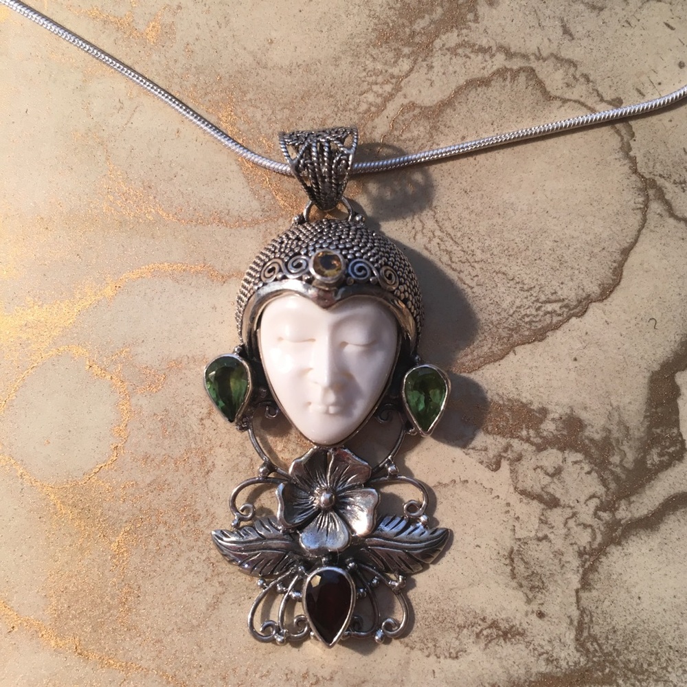 Carved Bone Pendant w/ Peridot, Garnet, & Citrine